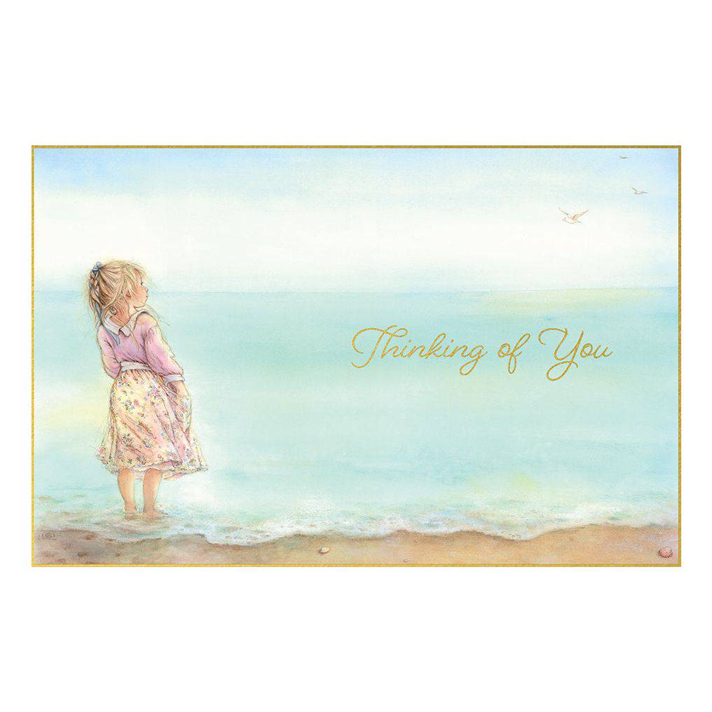 Girl gazing at ocean scene on Pictura Girl Thinking of You card, featuring a serene seaside illustration by Lisi Martin.